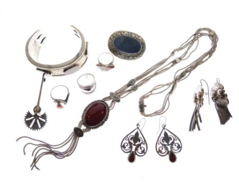 Assorted silver, white metal and other costume and dress jewellery to include; hardstone-set bangle, necklace, pair of drop e