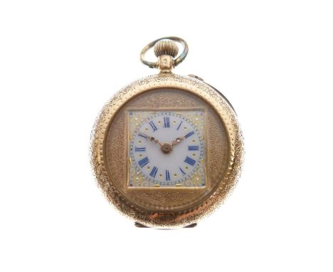 Late 19th Century Continental lady's yellow metal fob watch, white Roman dial with blue numerals, top-wound movement, case st
