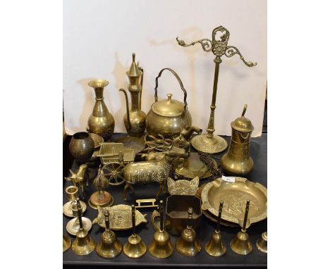 Assorted brassware to include; bells, trivet, Benares Indian brassware, pillar scales, etc  
