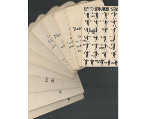 A set of 30 semaphore cards, including a key to semaphore signs and an additional sheet of card signals. Circa 1910. Cards ar