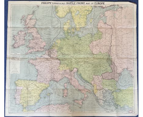 Philips Large scale Battle Front Map of Europe. 42" x 36" approximately. Published June 1916. Allied countries coloured pink,