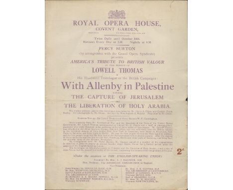 Programme for Royal Opera House, Covent Garden. Percy Burton. America's Tribute to British Valour in person of Lowell Thomas 