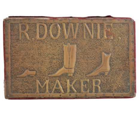 A VICTORIAN BRASS ADVERTISING SHOP SIGN for R. Downie, Maker of Boots and Shoes, 37cm x 23cmProvenance: A single owner collec