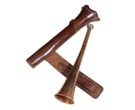 A HUNTING HORN by Boosey & Co., London, with copper, brass and nickel mouthpiece, with engraved inscription "L.E.B. Homan fro