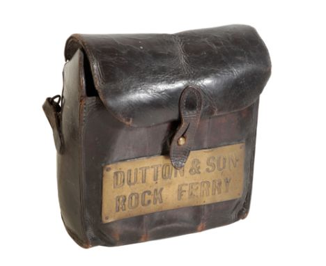 A VICTORIAN LEATHER FLASK CARRYING CASE with brass plaque inscribed 'Dutton &amp; Sons, Rock Ferry', 30cm x 27cm Provenance: 