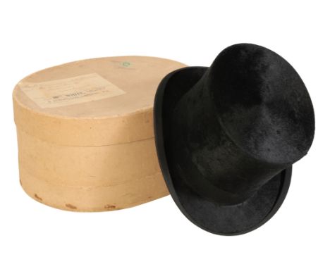 A VICTORIAN GENTLEMAN'S BLACK SILK TOP HAT by Spall &amp; Son, in a cardboard hat box by Mrs White, Ladies Hatters and Huntin