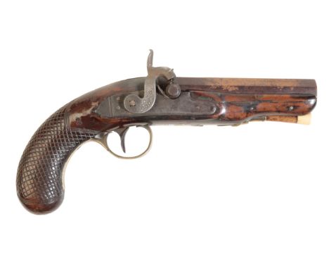 A FLINTLOCK PISTOL with full walnut stock, brass floral engraved trigger guard and wooden ramrod with bone top, floral engrav