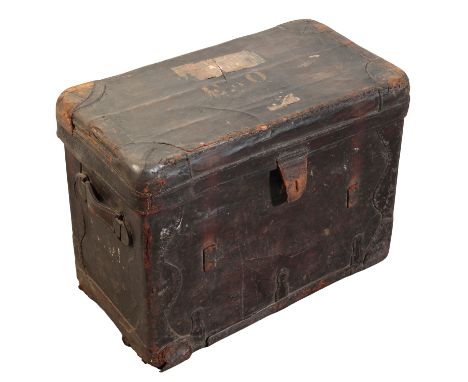 A VICTORIAN LEATHER COACHING TRUNK with painted initials to the top of the lid "EO" and leather carrying handle, 52cm x 68cm 