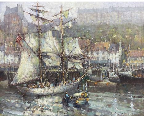 Donald Gray Midgely (British 1918-1995): 'Inca in Whitby Harbour', oil on canvas board signed, titled verso with artist's add