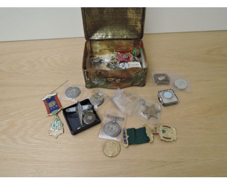 A collection of Badges and Medals, badges include AFS &amp; NFS Kings, AA American Aircore Medallion, WWI Medals to 2nd Lieut