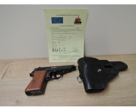 A German Walther 9mm Semi Automatic Deactivated Pistol, Serial Number 01505, marked on pistol 1001-0-cal 7.65, barrel length 
