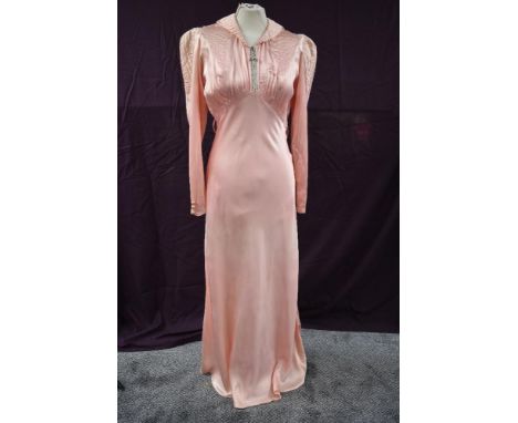 A decadent 1930s full length bias cut art deco negligee or nightdress having quilted detail to sleeves,collar and bodice, sma