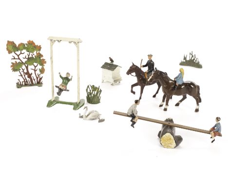 Civilian lead items mainly by Britains,  a few Hilco, including Britains see-saw, mounted farmer, Hilco Robin and girl on hor