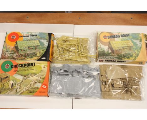 Airfix 1/32 scale boxed sets, 51507-4 Bamboo House (2), in two version boxes, 51513-9 Checkpoint, Mint unopened in G boxes, (