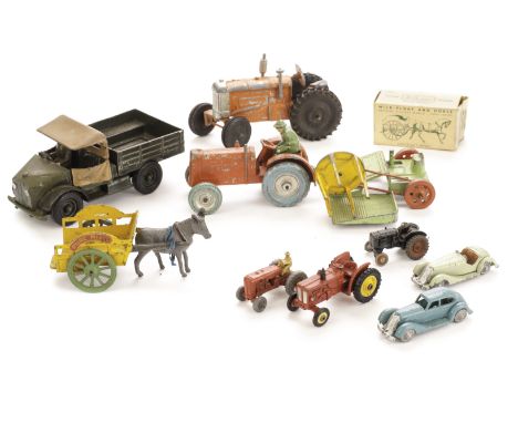 Diecast Fordson tractor by Crescent,  Charbens Tractor & Reaper, Donkey Cart, Britains Lilliput saloon, coupe, tractor and bo