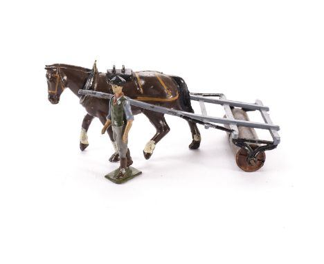 Britains boxed pre WW2 farm vehicles, 4F Tumbrel and 9F Horse Roller, vehicles G, boxes F, (2) Tumbrel box substantially fade