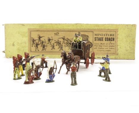 Johillco miniature Stage Coach complete with Cowboys and Indians in fighting attitudes,  figures generally G, box F, (16 inc 