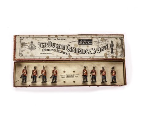 Britains set 76 Middlesex Regiment, wasp-waisted figures in possibly later Whisstock box, generally F, many faults, figures h