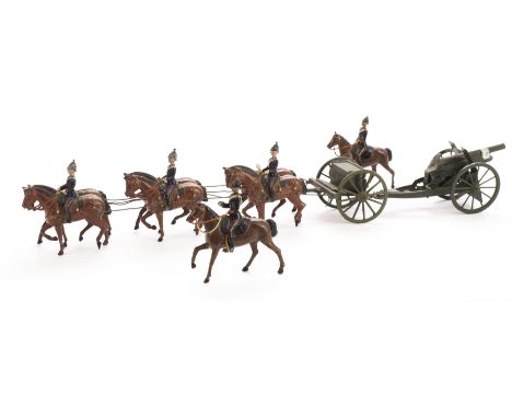 Britains set 144 walking Royal Field Artillery, 2 mounted officers, generally G, a few faults (3) limber repainted to match g