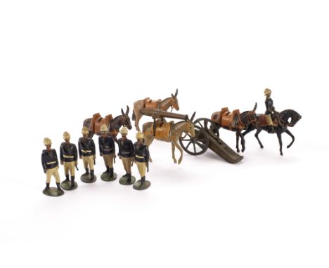 Britains set 28 Mountain Gun Team, generally G, a few faults (14) no ammunition, 1 mule missing an ear, wheels with split to 