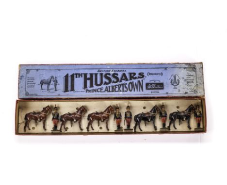 Britains sert 182 the 11th Hussars - dismounted - in Whisstock box, with extra trooper and horse, G-VG, box F,  officer retou