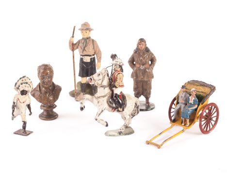 Taylor & Barrett Rickshaw, Timpo Buffalo Bill (2), trinket figure Scout and Airman, bronze bust, Dimestore cowboy, generally 