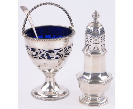 A heavy gauge contemporary silver sugar caster,
height 16.5cm and a silver sugar basket with blue glass liner, both makers ma