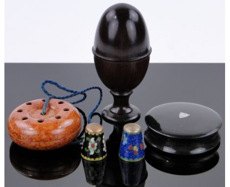 2 Cloisonne thimbles,
an egg design treen sewing necessaire, a snuff box and a pomander.