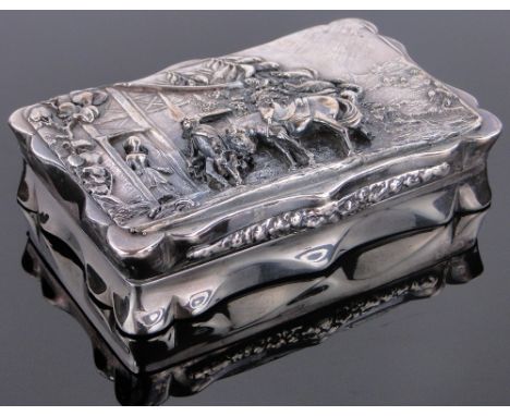 A rectangular plated snuff box,
the lid decorated with figures and horse outside a tavern, width 10.5cm.