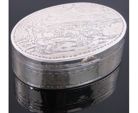 A German oval silver box,
with engraved hunting scene, Neresheimer & Sohne of Hanau, import marks for Berthold Muller, London