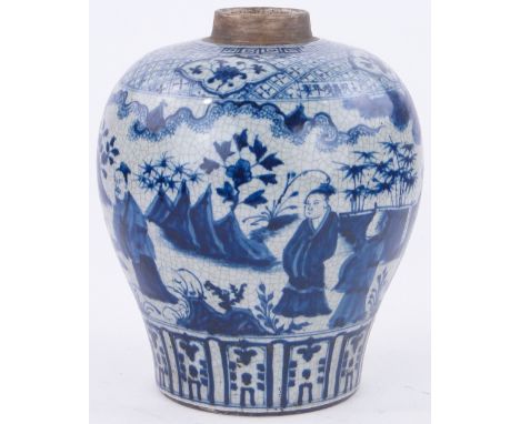 A Chinese blue and white crackle glaze jar,
with painted design of figures in a garden, and a panel with 6 character marks on