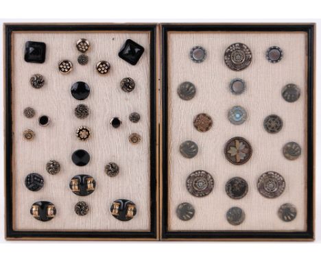 A pair of frames containing displays of 19th century buttons,
including enamelled and mother of pearl inset, etc.