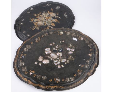 2 Victorian papiér maché plaques,
with painted and inlaid mother of pearl decoration, largest 27.5".
