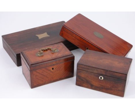 A Victorian rosewood box,
a mahogany box, a tea caddy with banded decoration and brass handle, length 7.25" and another tea c
