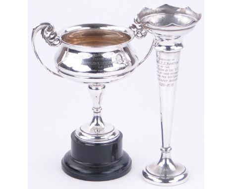 A silver tennis trophy, London 1927,
height excl. handles 17.5cm, 14.5 oz, together with a large silver trumpet shaped vase, 