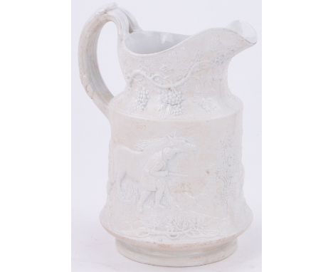 A Victorian embossed Stoneware jug,
with hunting scene decoration, height 11".