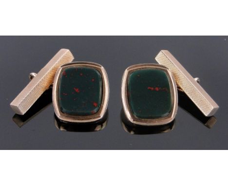 Pair of 9ct gold bloodstone set cufflinks,
panel height 15mm, gross weight 8gm.