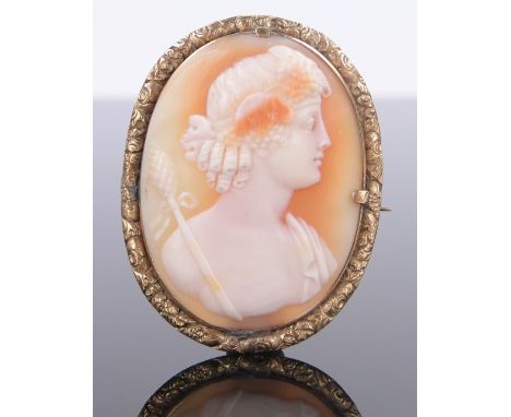 A 19th century carved Cameo brooch,
Classical portrait of a man, unmarked carved gold setting, height 45mm.