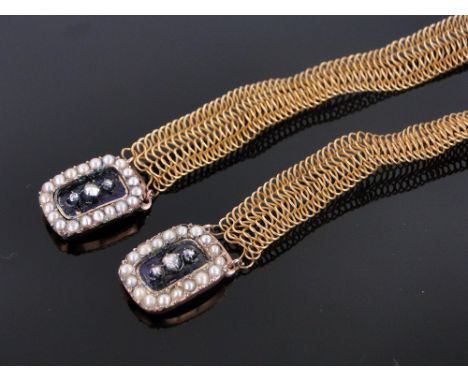 A pair of 19th century unmarked woven gold bracelets,
with pearl, diamond and enamel clasps, original leather box, gross weig