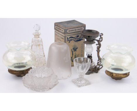 A pair of vaseline glass light shades,
with brass mounts, height 5.1", a boxed Vapo-Cresolene whooping cough remedy, etc.