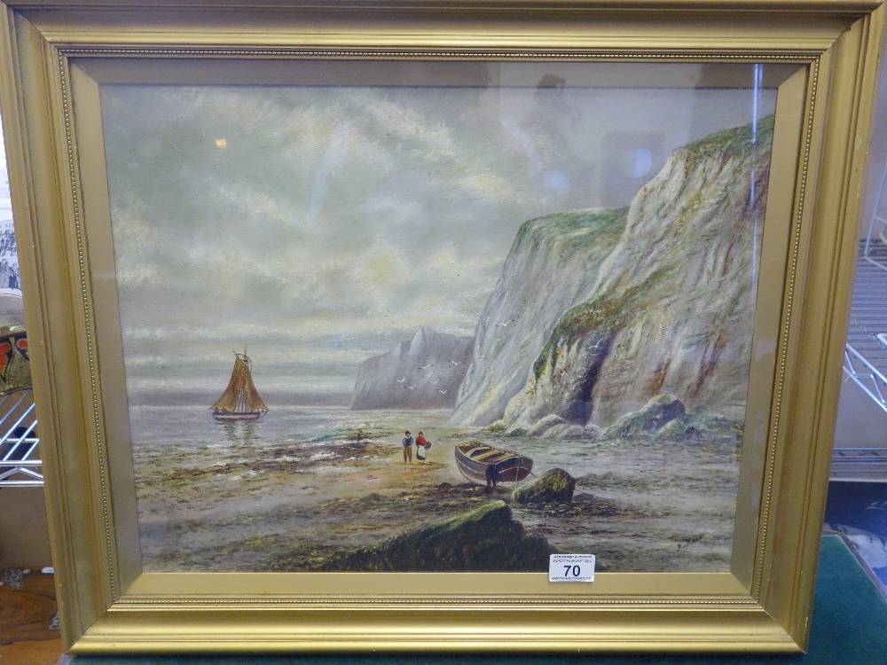 Oil painting on canvas, late 19c, White Cliffs of Dover with figures