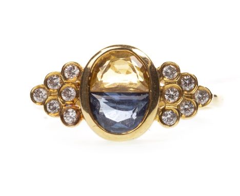 BLUE AND YELLOW GEM SET AND DIAMOND RING, formed by a crescent shaped yellow and blue gem flanked by collet set diamonds to e