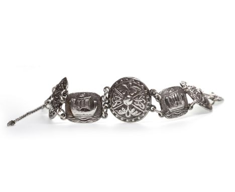 SILVER BRACELET, formed by rectangular links with ship motif decoration interspaced by round links with Celtic design, 17cm l