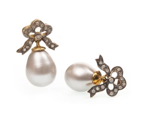 PAIR OF PEARL AND DIAMOND EARRINGS, each set with a teardrop shaped grey pearl beneath a diamond set bow, unmarked, 5.4g