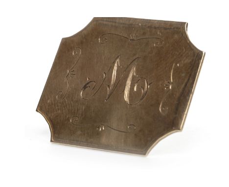 INITIAL BROOCH, in the form of an octagonal plaque with M engraved to the centre, 37mm wide, marked 9ct, 12g