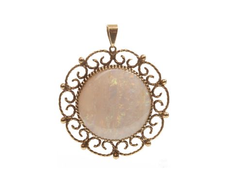 OPAL PENDANT, the round section of opal 30mm in diameter, within an openwork mount, unmarked, 15.6g