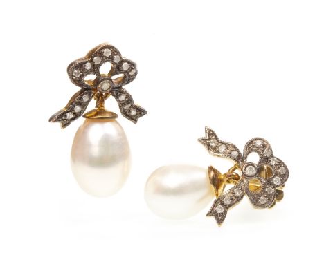 PAIR OF PEARL AND DIAMOND EARRINGS, each set with a teardrop shaped pearl beneath a diamond set bow, unmarked, 4.1g