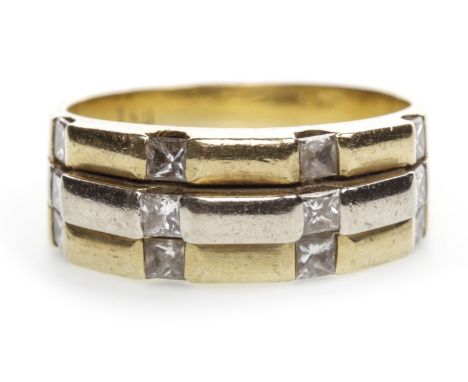 BI COLOUR DIAMOND DRESS RING, comprising three rows set with princess cut diamonds totalling approximately 0.60 carats, marke