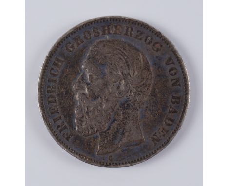 5 Mark 1876, Großherzog Friedrich I. von Baden, 900er Silber Gew.27,66g, D.38mm, s