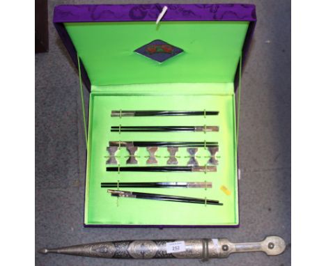 A Shangtang silver and ebony chopstick set, in fitted silk box, and a replica Arabian dagger